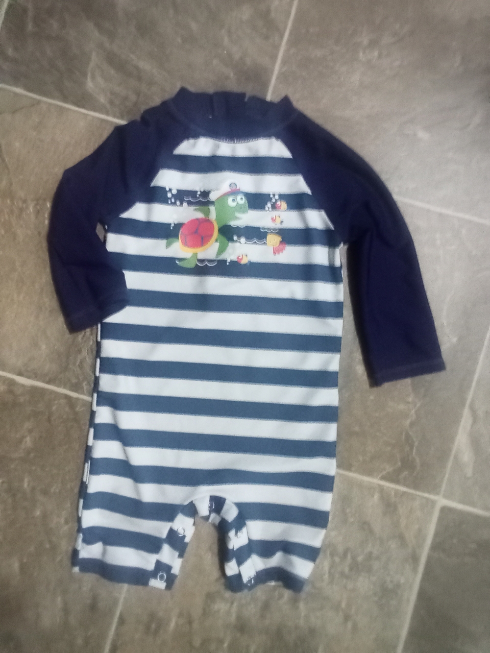 Kids Navy & Light Blue Striped One-Piece Swimsuit with Turtle